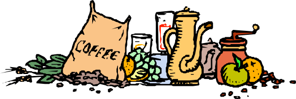 The image shows a collection of items on display: coffee beans, tea bags, spices, herbs, fruits like apples and bananas, vegetables such as carrots and broccoli, jars with various contents including honey and jam, bottles containing beverages or condiments, canisters for storing dry goods.