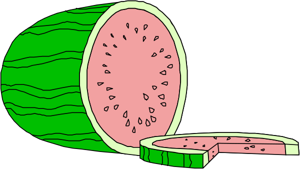 The image shows a cartoon depiction of watermelon slices with seeds on top placed next to each other against a black background; there is no text present in this clip-art illustration.