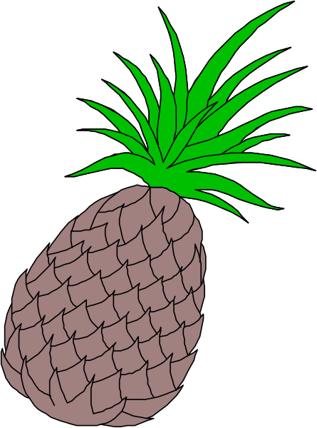The image shows a pineapple with green leaves on top against a black background.
