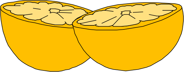 The image shows a cartoon depiction of three slices of fruit with seeds on top arranged to resemble an orange slice in front of two other pieces that look like lemon halves behind it.
