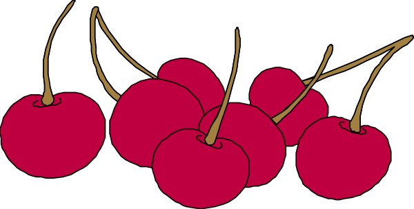 The image shows a bunch of red cherries with stems on top against a black background.