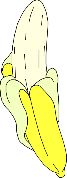 The picture shows a banana with two yellow stickers on it against a gray background.