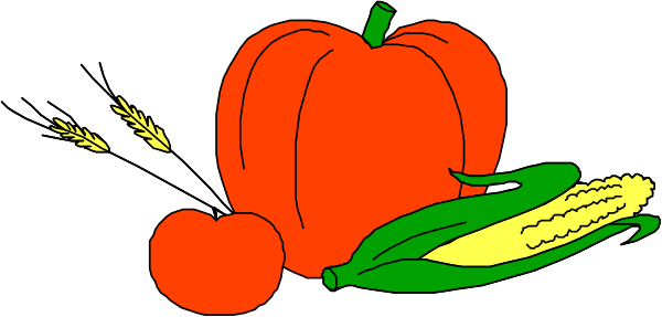 The image shows a cartoon of an apple with eyes on it next to ears of corn that have been cut off at their tops; there is also a pumpkin in front of them both.
