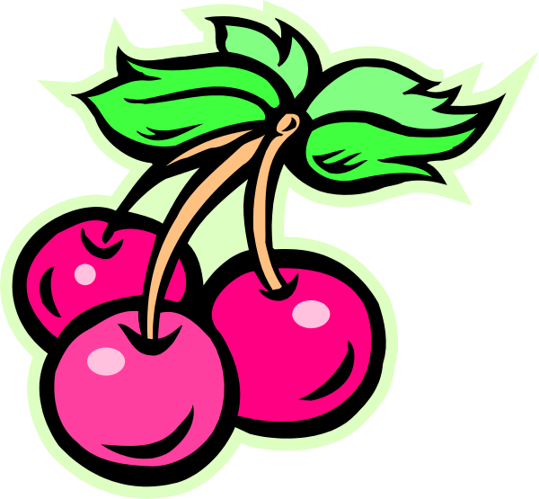 The image shows a cartoon illustration of two cherries with green stems attached to them on either side against a white background; there is no text present in this particular viewpoint.