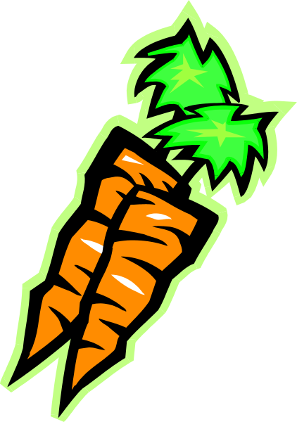 The image shows a stylized carrot with two green leaves on top of it, resembling an arrowhead shape pointing to its right side.