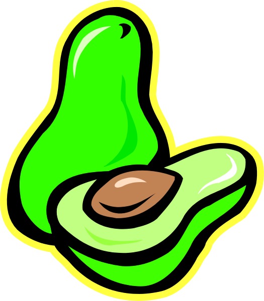 The image shows a cartoon avocado with an open pit revealing its seed inside, placed on top of another whole avocado that is cut in half to reveal it's filled with slices of what appears to be cheese and possibly other ingredients like tomato or cucumber.