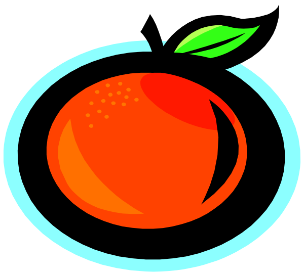 The image shows a stylized graphic of an orange with leaves on top right corner inside what appears to be a circular frame resembling a badge or emblem.