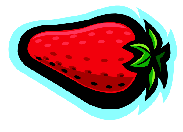 The image shows a stylized strawberry with green leaves on top of it against an unseen background.