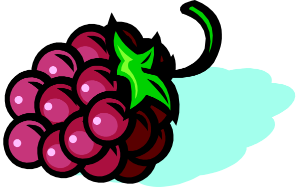 The image shows a cartoon depiction of two bunches of grapes with leaves on top against a black background; there is no text present in this clip-art illustration.