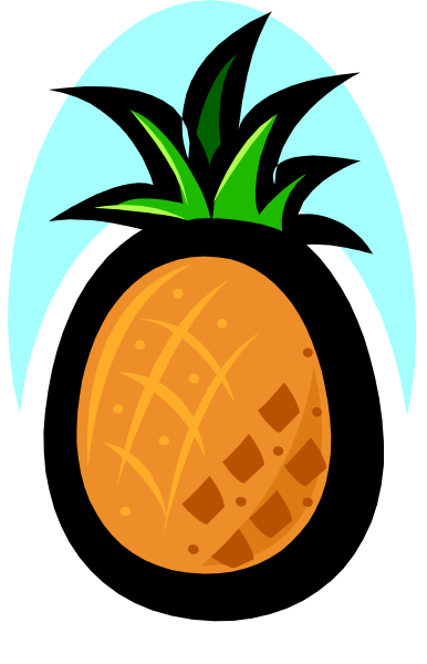 The image shows a cartoon pineapple with green leaves on top of it inside an oval frame that resembles a stylized egg shape.