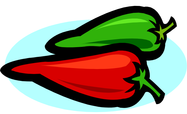 The image shows a graphic of two red peppers with green stems next to each other against a blue background.