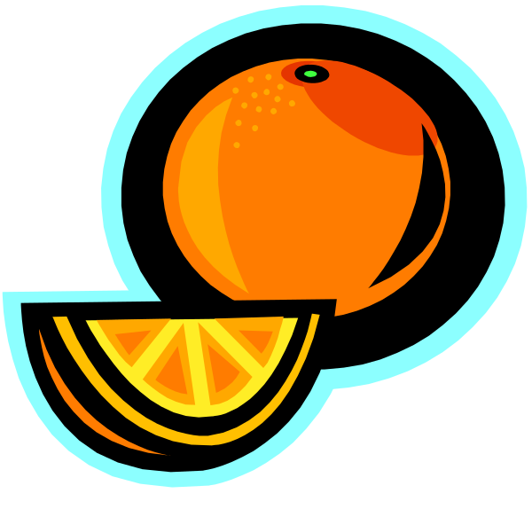 The image shows a stylized graphic of an orange slice with two halves on either side, each containing seeds, placed above what appears to be slices of fruit in bowls labeled "orange" at both ends and another bowl that says "lemon."
