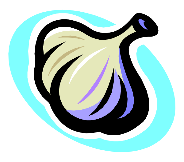 The image shows a garlic bulb with green stem on top of it against a blue background.