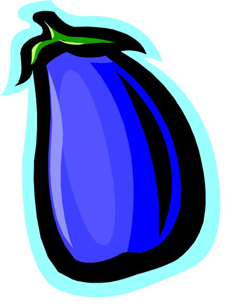 The image shows a stylized purple eggplant with green stem on it against a dark background.