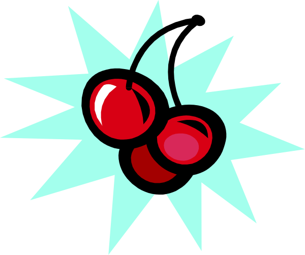 The image shows a cartoon cherry bomb with two cherries on top of it exploding against a black background.