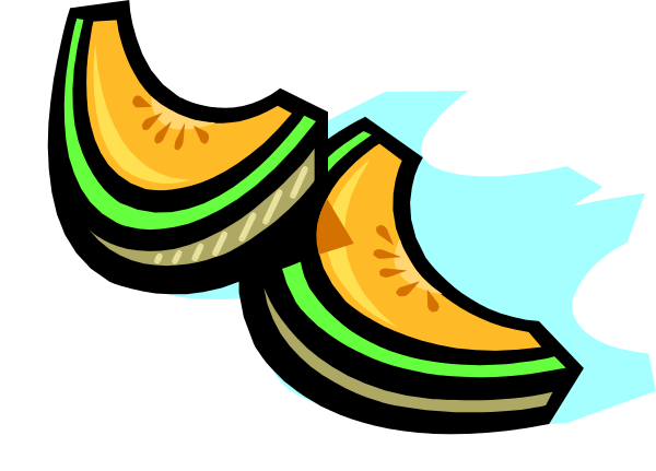 The image shows a cartoon depiction of three slices of watermelon with green rinds on top against an orange background.