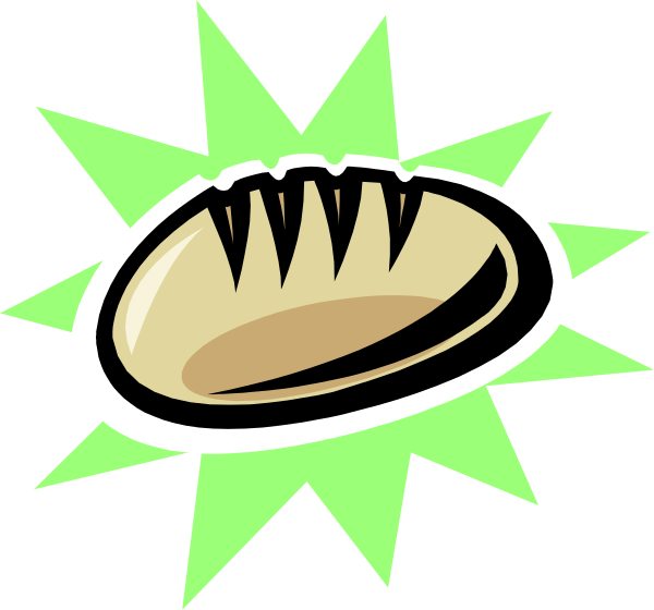 The image shows a cartoon depiction of an open bagel with two halves connected by what appears to be cream cheese in between them, set against a green background that resembles grass; there is also a small explosion graphic above and slightly behind the bagels, suggesting they were just thrown or dropped.