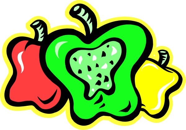 The image shows a colorful cartoon of fruits with faces drawn on them: apples (red), pears (green) and bananas (yellow).