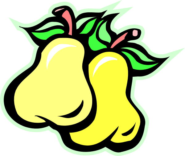 The image shows two cartoon fruits with leaves on top: a banana to the left of an orange-like fruit in front of it; both have green stems at their tops.