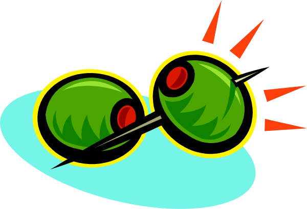 The image shows a cartoon depiction of two green olives with red eyes on top of each other against an aqua background; there is also a small splash graphic to their right side.