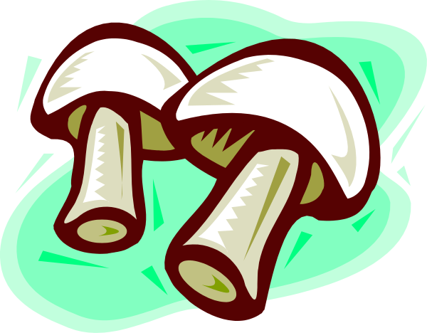 The image shows two mushrooms with stems pointing upwards against a green background.