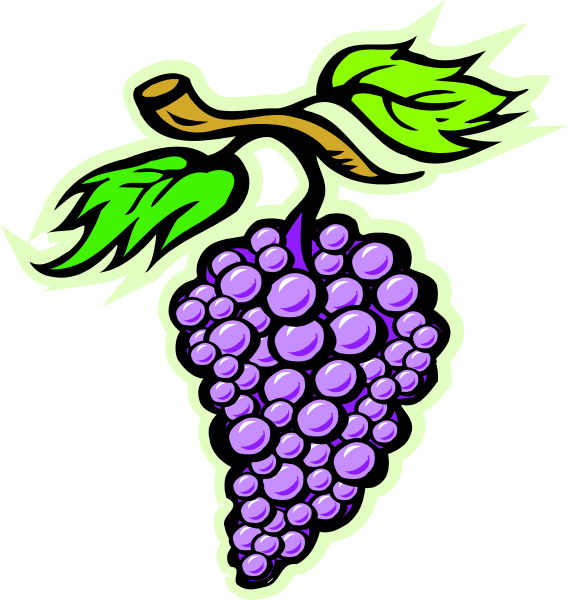 The image shows a purple grape with green leaves on top of it next to an illustration of a bunch of grapes in front of which is another cluster of grapes hanging from what appears to be a vine, all set against a black background.