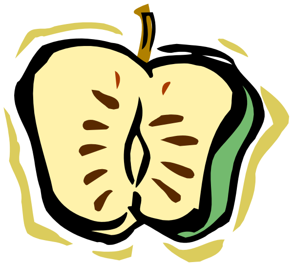 The image shows a cartoon of an apple with two slices cut out from it to reveal its interior flesh, set against a plain background.