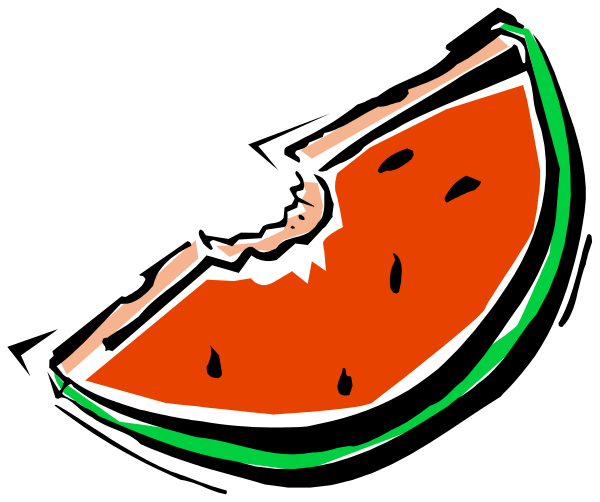 The image shows a slice of watermelon with seeds on top against a black background.