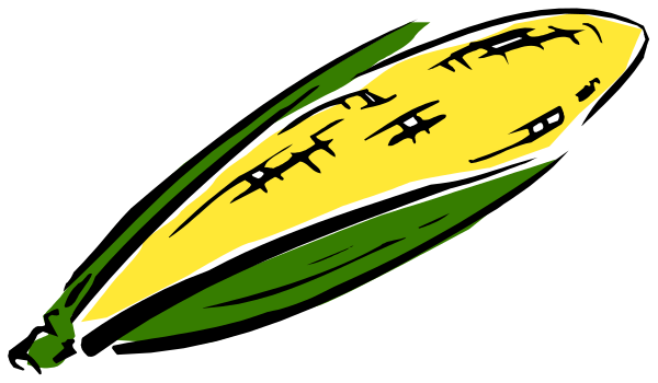 The image shows a cartoon of an ear of corn with leaves on top against a black background.