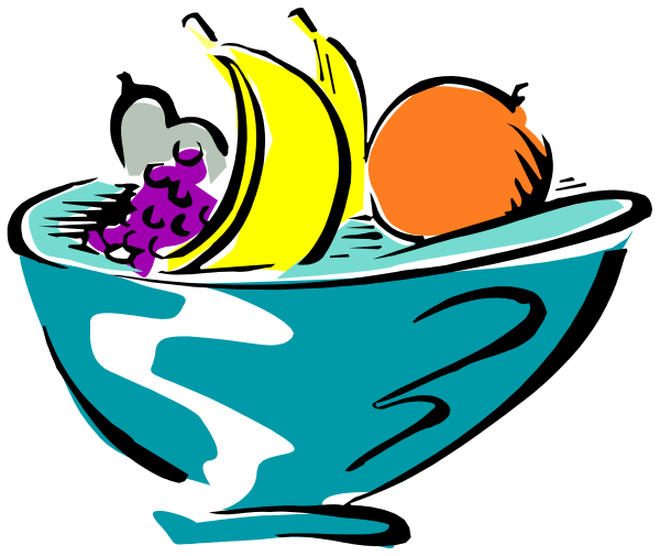 The image shows a bowl filled with various fruits such as bananas, grapes, an orange slice, and possibly other items like cereal pieces on top of it all set against a blue background.