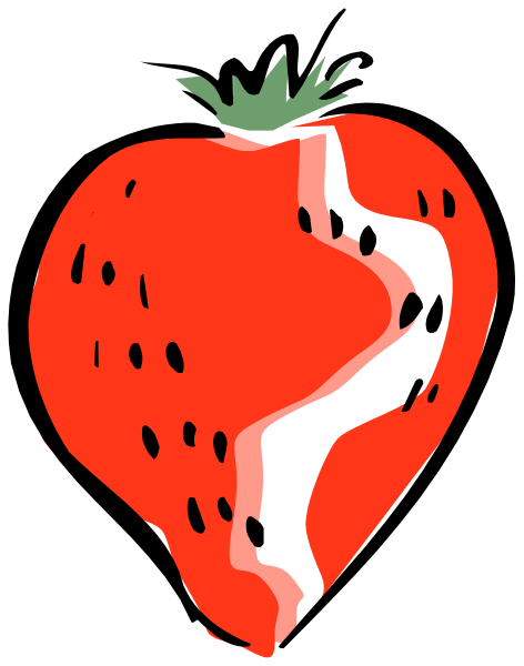 The image shows a red strawberry with an illustration of its stem on top cut out to reveal another fruit inside it.