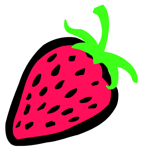 The image shows a cartoon strawberry with green leaves on top of it against a black background.