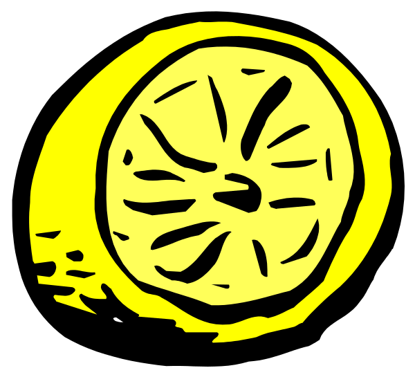 The black and white line drawing shows a lemon with its segments cut open to reveal seeds inside, set against an untextured background that does not provide any additional context about location or time of day.