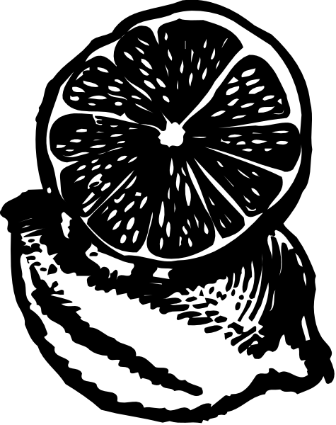 The black and white illustration shows a slice of grapefruit with seeds on top placed next to an orange cut into half slices.