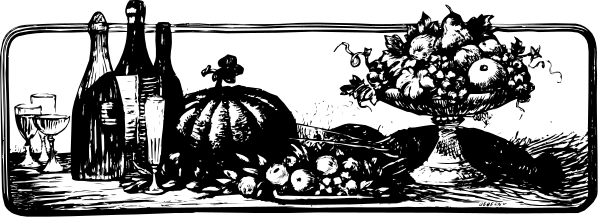 The black and white photo shows a long banner with various items on it including bottles of wine, pumpkins, bowls filled with food like apples and carrots, vases holding flowers, books, cups, spoons, forks, knives, scissors, pencils, cakes, candles, clocks, a globe, an umbrella, shoes, ties, hats, gloves, socks, pants, shirts, jackets, scarves, and other miscellaneous items.