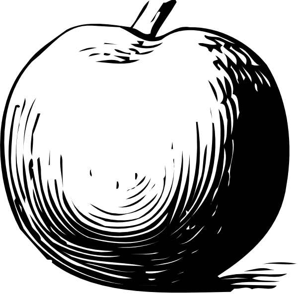 The black and white illustration shows two apples with a swirl pattern around them against a dark background.