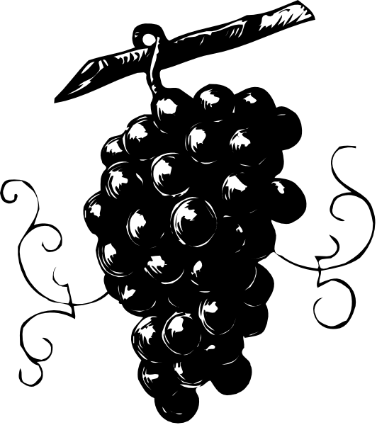 The black and white illustration shows a bunch of grapes with leaves on top against a dark background.