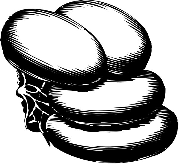 The black and white illustration shows a cartoon of two hamburger buns with meat patties on top placed side by side against each other in front of what appears to be an open book, suggesting that it is being used as a prop or background element for another image or design.