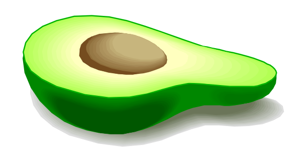 The image shows a cartoon avocado with an open cut on top of it against a white background.