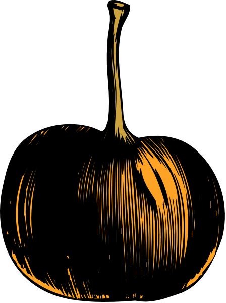 The black and white illustration shows a single pumpkin with its stem pointing upwards against an indistinct background.