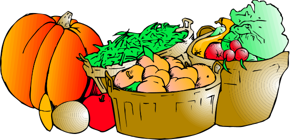 The image shows a cartoon depiction of autumn produce including pumpkins, squash, carrots, broccoli, apples in baskets on top of each other with leaves changing color around them and it's set against an orange background that resembles fall foliage.