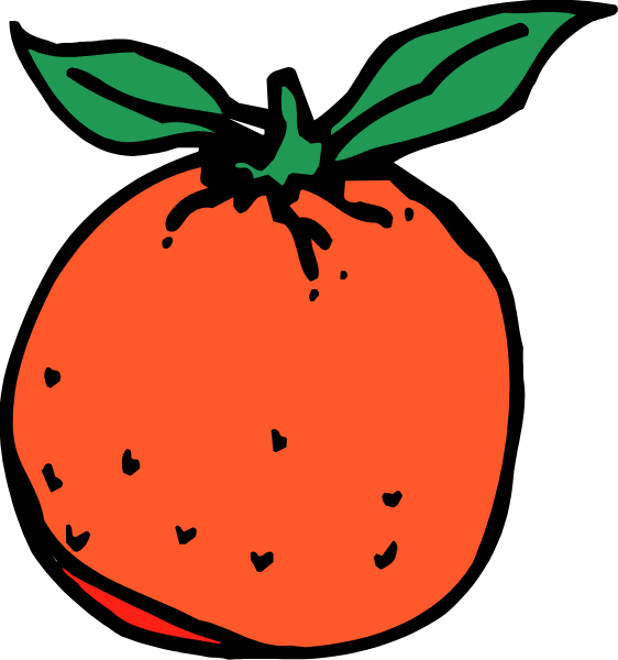 The image shows a cartoon of an orange with leaves on top against a black background.