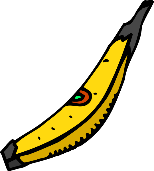 The image shows a banana with an attached pencil on top of it against a black background.