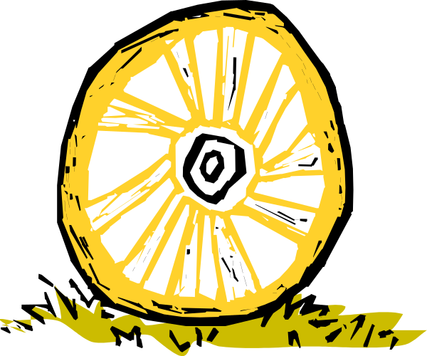 The black and white illustration shows a wheel with spokes inside it on top of what appears to be grassy ground.