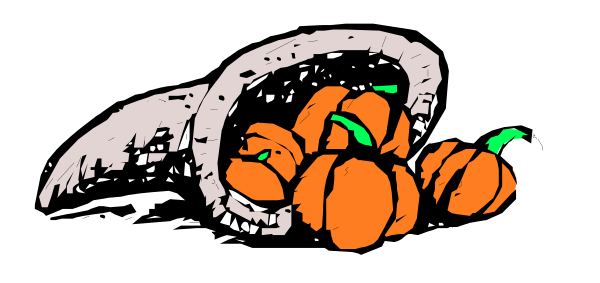 The black and white illustration shows a cartoon pumpkin with two green stems sitting inside what appears to be an oven door that is open at one end; there's no text present in this image.