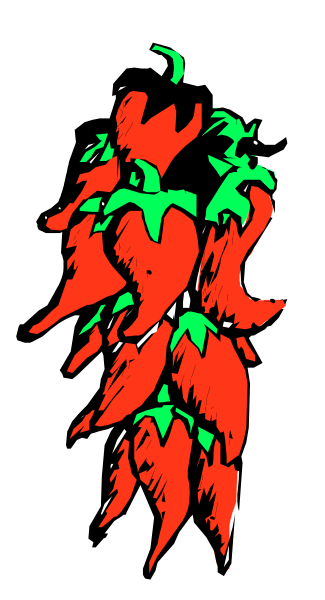 The image shows a red pepper with green stems on it against a black background.