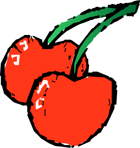 The image shows a cartoon of two red cherries with green stems on top against a black background.
