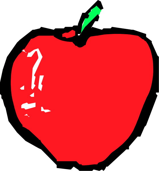 The image shows a red apple with an exclamation mark on it against a black background to its left side; there is no other object in this clip-art picture.