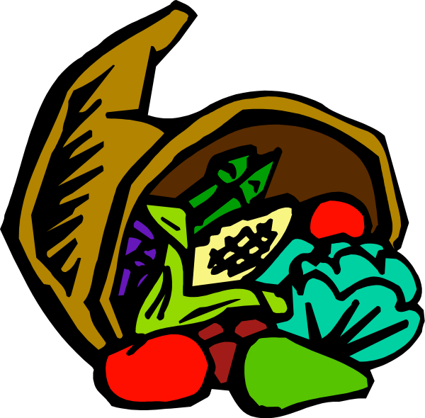 The image shows a cartoon of an open umbrella with various items inside it: there's food that looks like vegetables such as carrots; some fruit including apples and what appears to be berries, possibly cherries; and other miscellaneous objects which could include flowers or decorative elements.