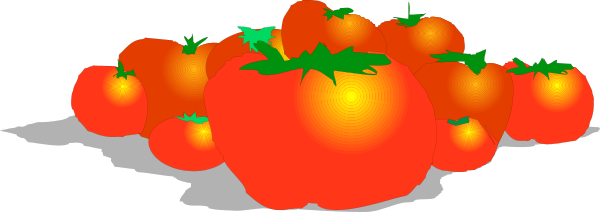 The image shows a collection of tomatoes with green leaves on top arranged to look like an animal's head against a gray background.